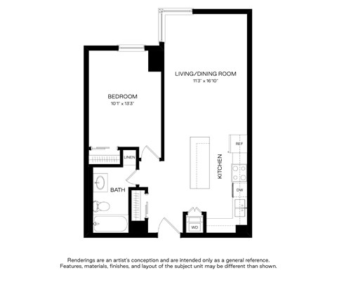 A floor plan of a small apartment with a living and dining room, kitchen, bathroom, and bedroom.